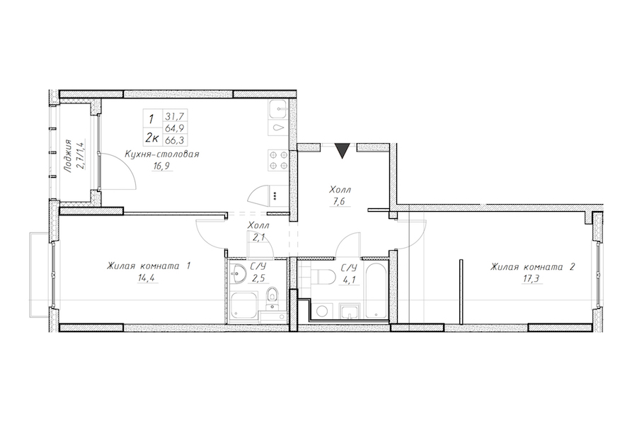 2-комнатная квартира 66.3 м², 13/15 эт., ЖК «Заречный парк»